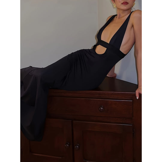 Damen Maxikleid mit tiefem V-Ausschnitt und eleganter Taillierung R&B