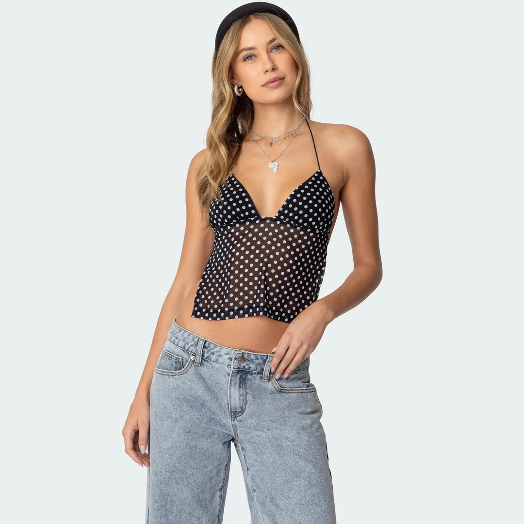 Damen Polka Dot Top mit zarten Trägern und figurbetontem Schnitt R&B