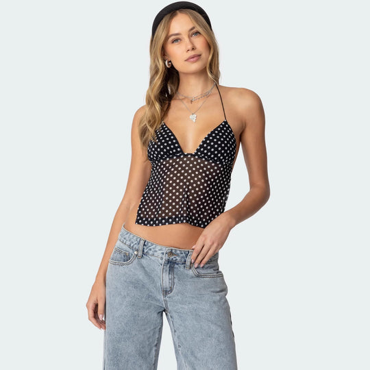 Damen Polka Dot Top mit zarten Trägern und figurbetontem Schnitt R&B