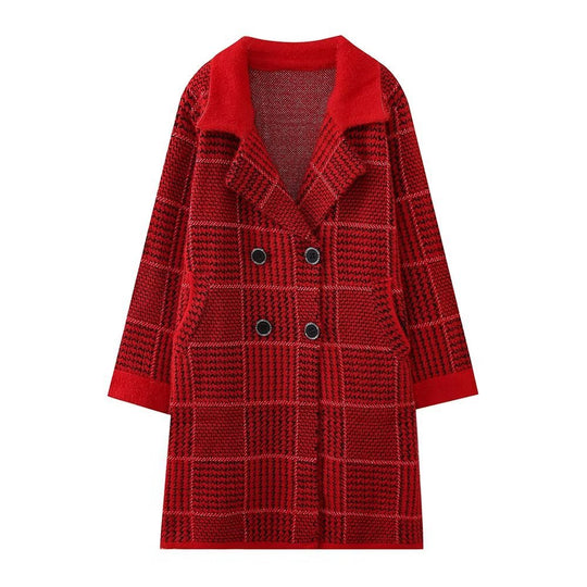 Damen modische Übergangsjacke mit strukturiertem Karomuster und eleganter Knopfleiste R&B