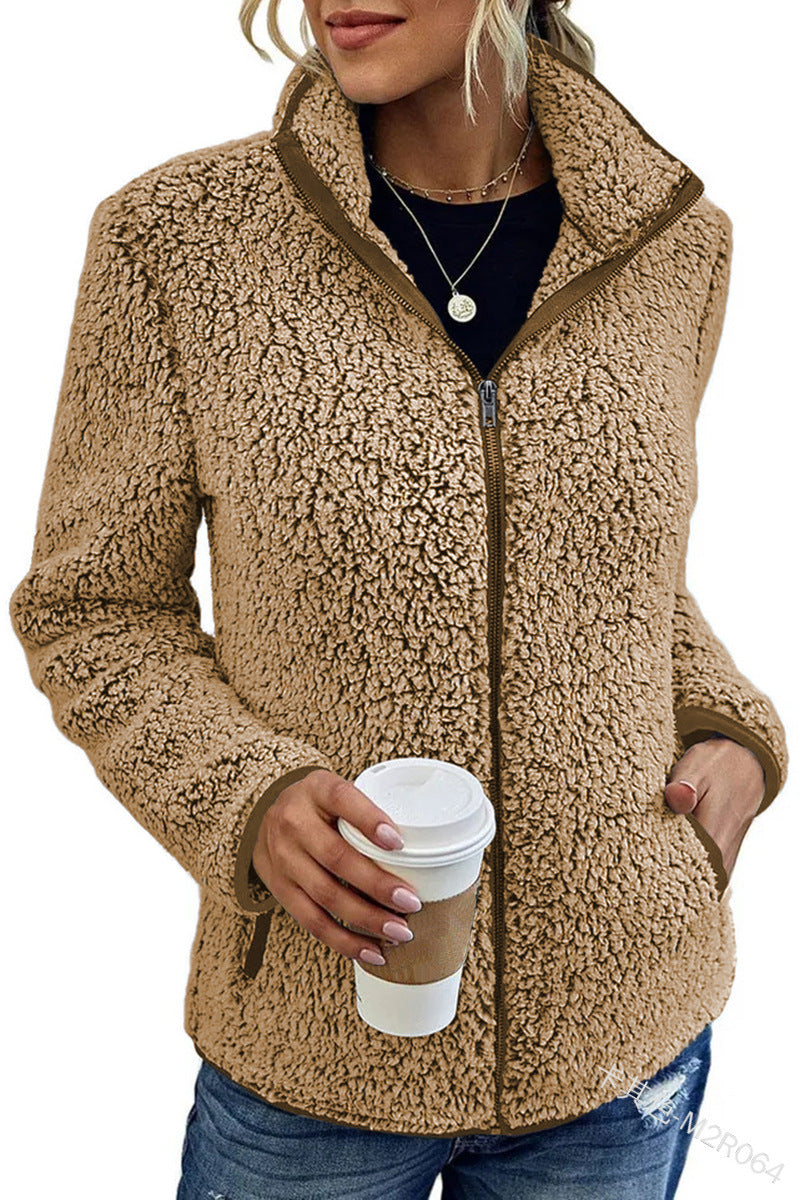 Damen Flauschige Fleecejacke mit hohen Kragen und seitlichen Taschen R&B
