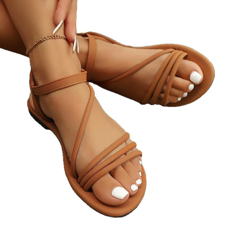 Damen flache Riemchensandalen mit flexiblem Fußbett und modischem Schnallenakzent R&B