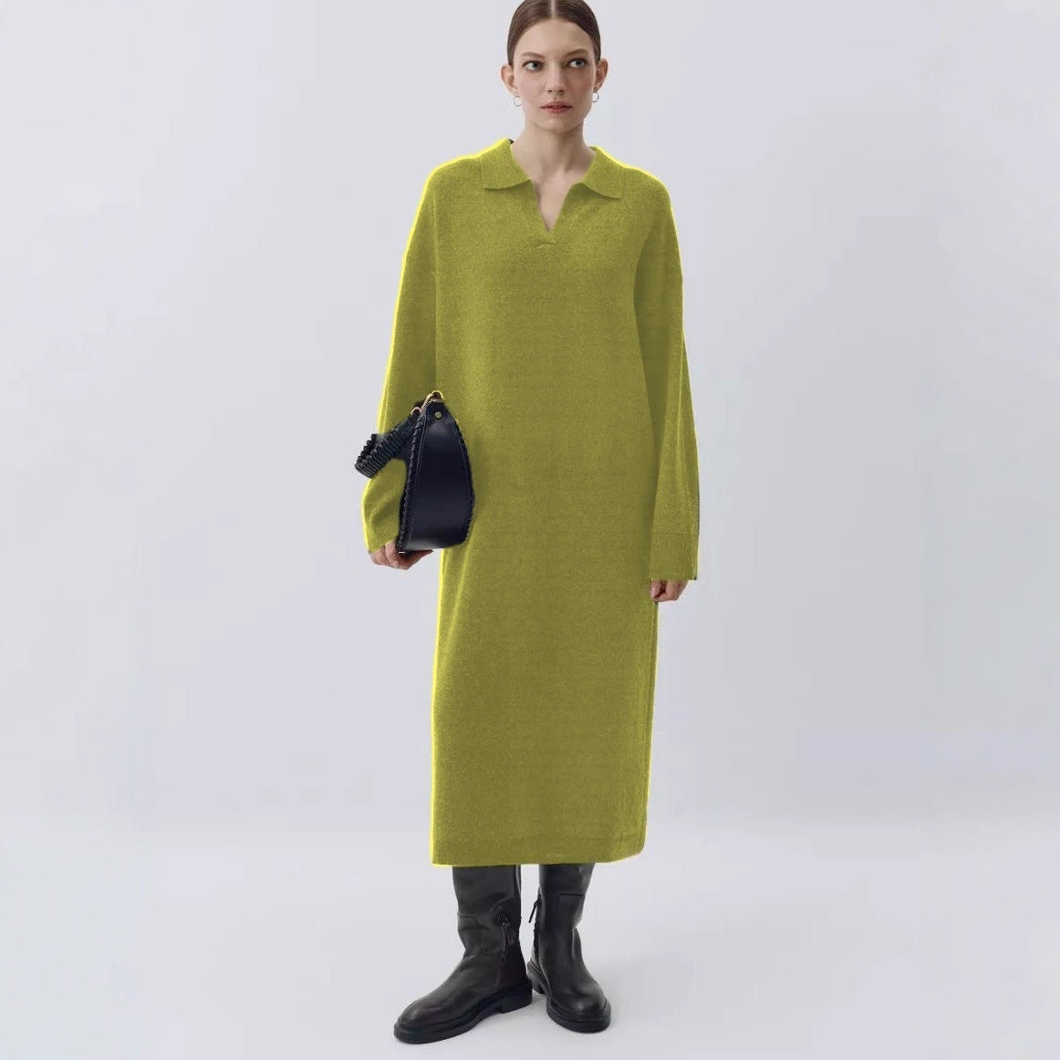 Damen Übergröße Strickkleid mit modernem Polokragen und langen Ärmeln R&B