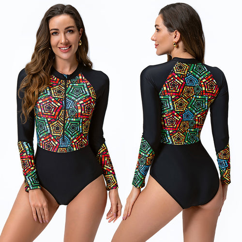 Damen Sportlicher Langarm-Schwimmanzug mit buntem Grafikdesign R&B
