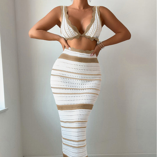 Damen Häkel-Crop-Top und Maxirock Set R&B