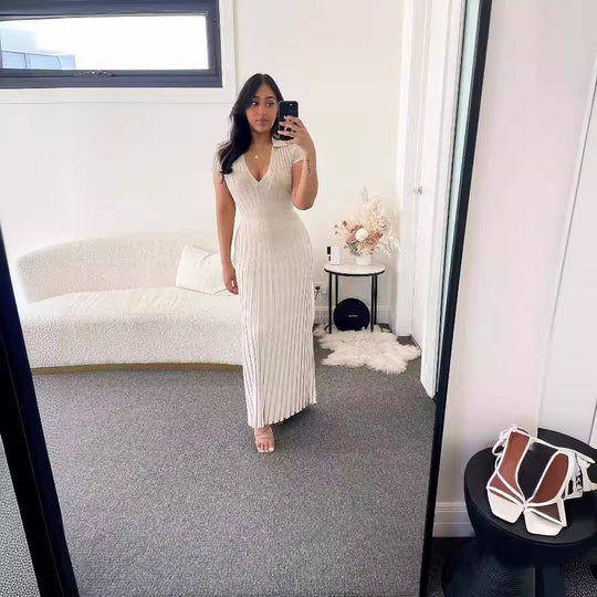 Damen Maxikleid mit strukturiertem V-Ausschnitt und kurzen Ärmeln R&B