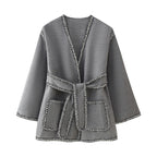 Damen elegante Wickeljacke mit kontrastierenden Verzierungen R&B