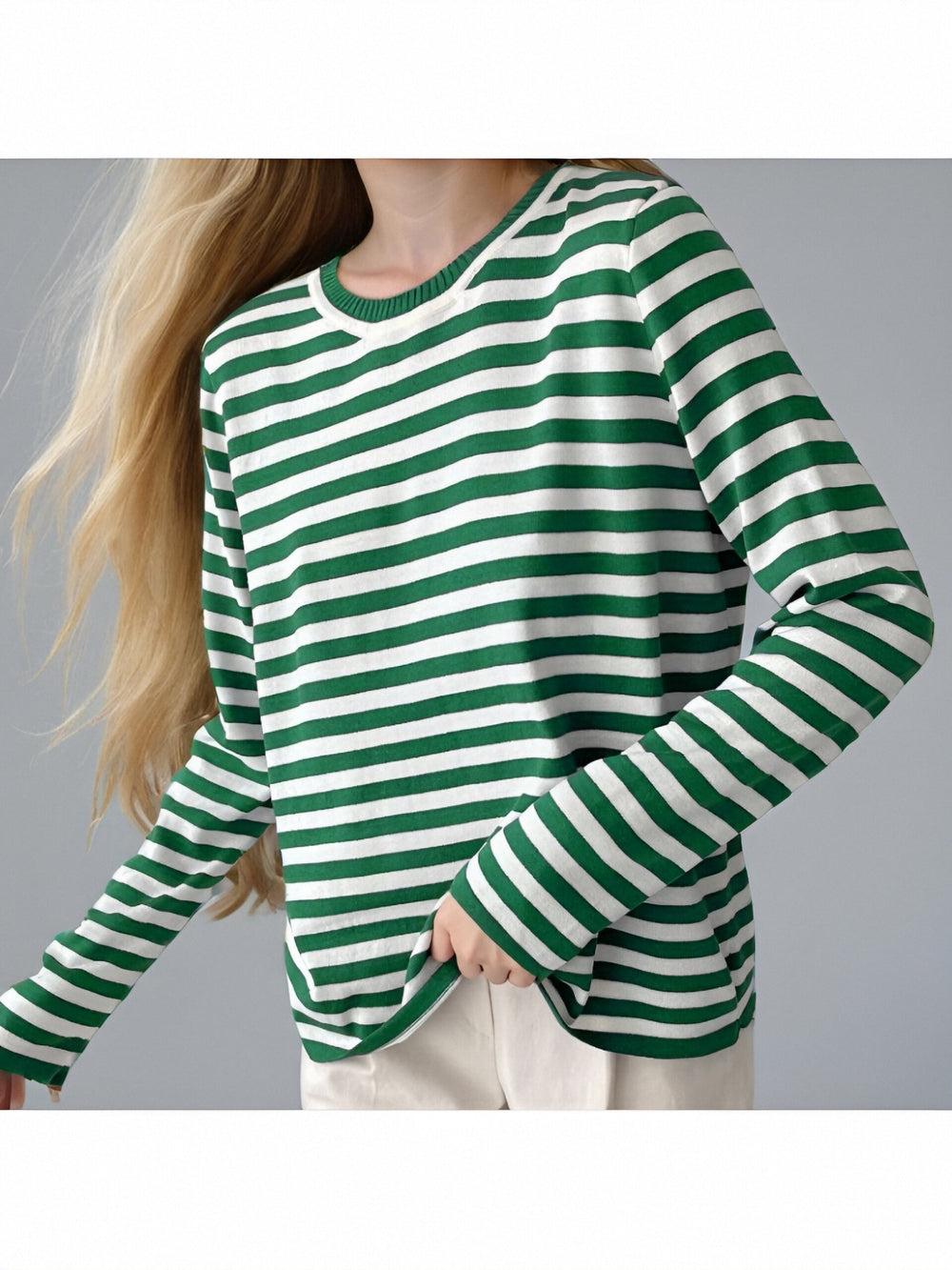 Damen gestreifter Langarmpullover mit Rundhalsausschnitt und lässigem Schnitt R&B