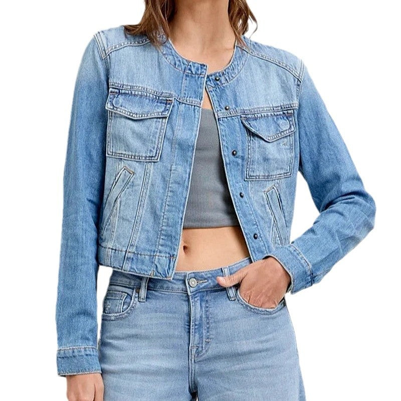 Damen Jeansjacke im lässigen Cropped-Schnitt mit praktischen Taschen und Knopfdetails R&B