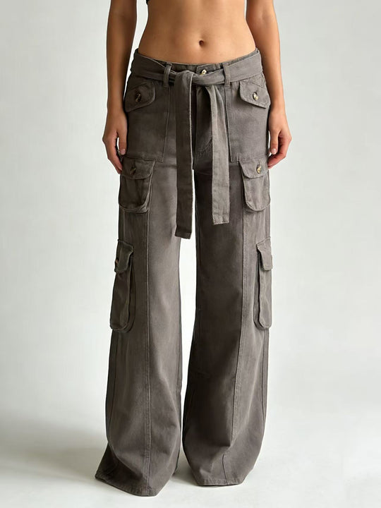 Damen modische weite Cargo-Hosen mit Gürtel und Taschen R&B