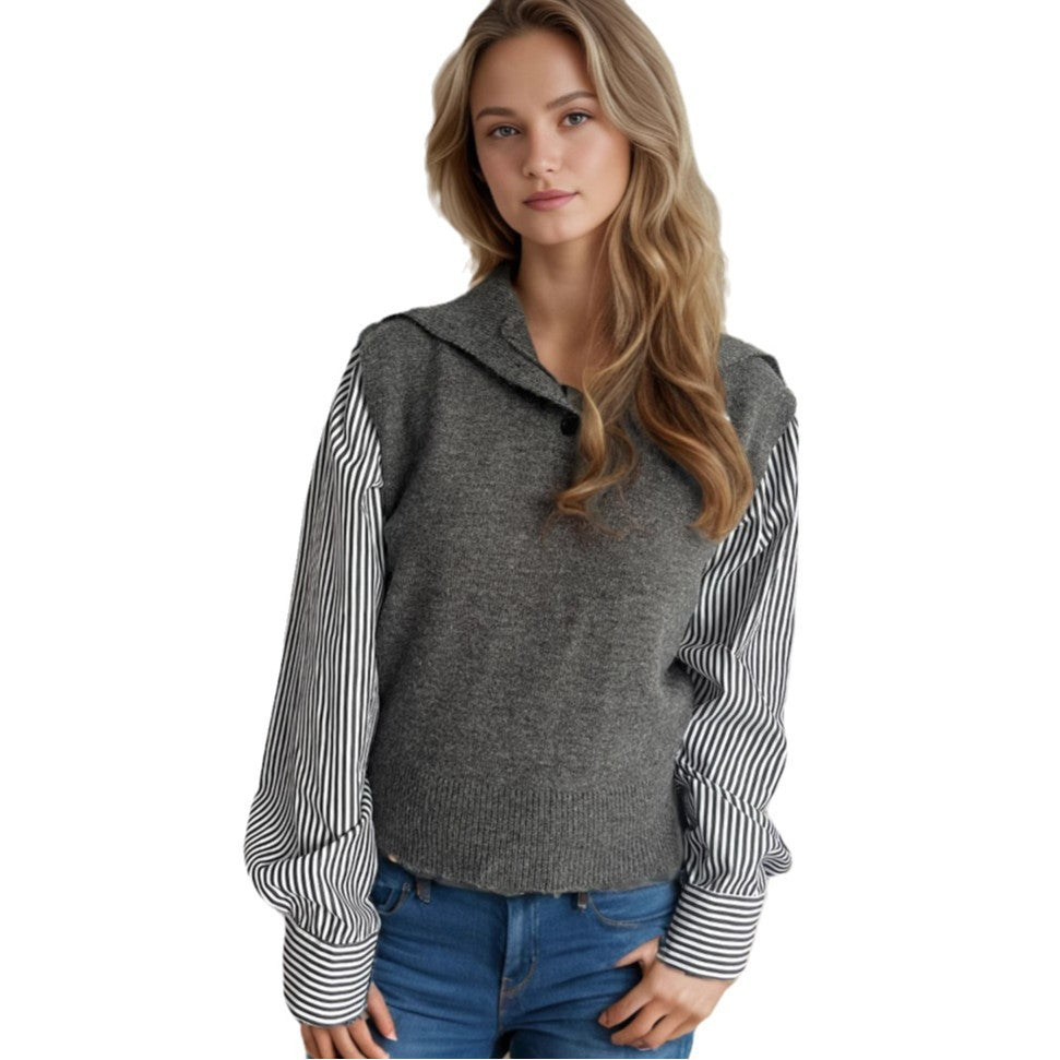 Damen Strickpullover mit modernem Kragen und eleganten gestreiften Ärmeln R&B