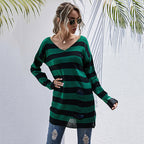 Damen gestreifter Oversized Pullover mit tiefem V-Ausschnitt und trendigen Cut-Outs R&B