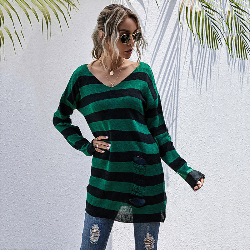 Damen gestreifter Oversized Pullover mit tiefem V-Ausschnitt und trendigen Cut-Outs R&B
