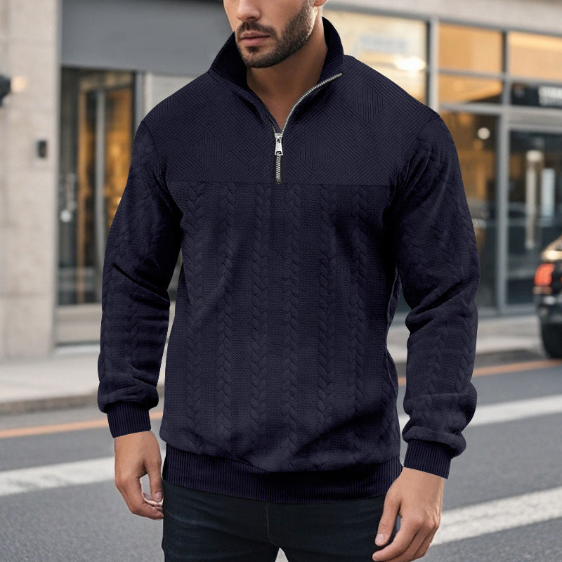 Herren Strickpullover mit halbem Reißverschluss und strukturierter Oberfläche R&B
