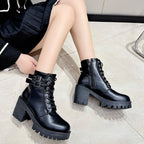 Damen Schnürstiefeletten mit modischen Schnallen und robustem Blockabsatz R&B