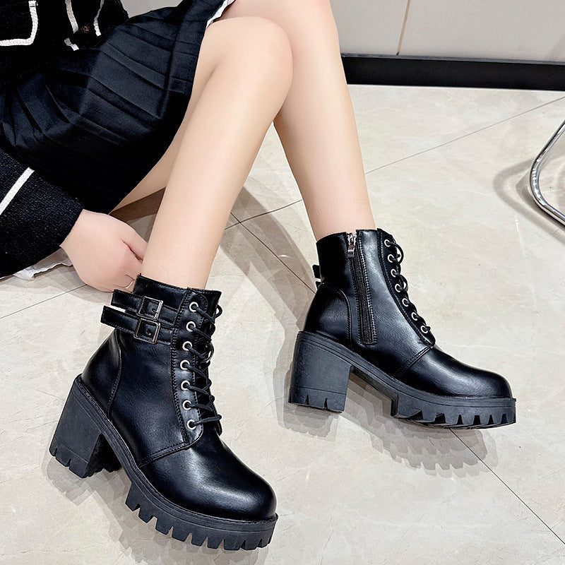 Damen Schnürstiefeletten mit modischen Schnallen und robustem Blockabsatz R&B
