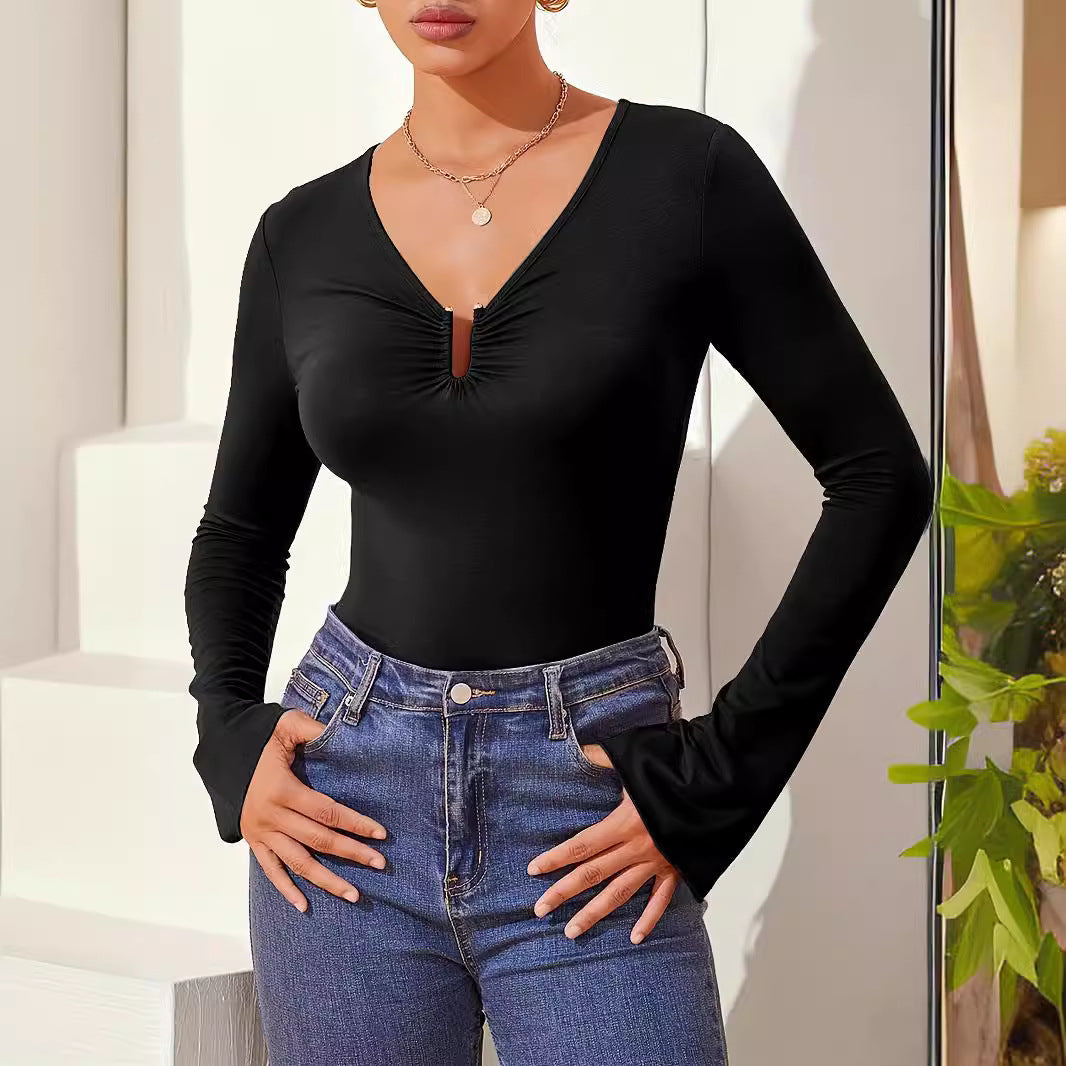Damen nan tailliertes Langarmshirt mit gerafftem Schlitz-Ausschnitt und spitzem Zipfelsaum R&B