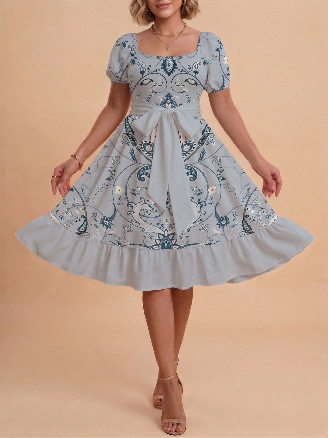 Damen Retro Maxikleid mit Puffärmeln und Taillengürtel R&B