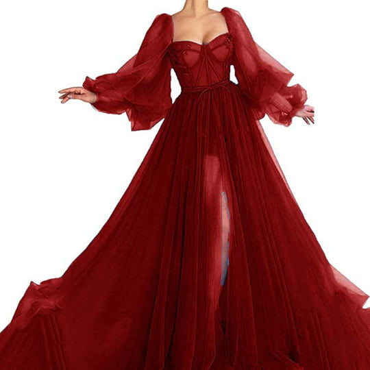 Damen Tüll Abendkleid mit voluminösen Ärmeln und seitlichem Schlitz R&B