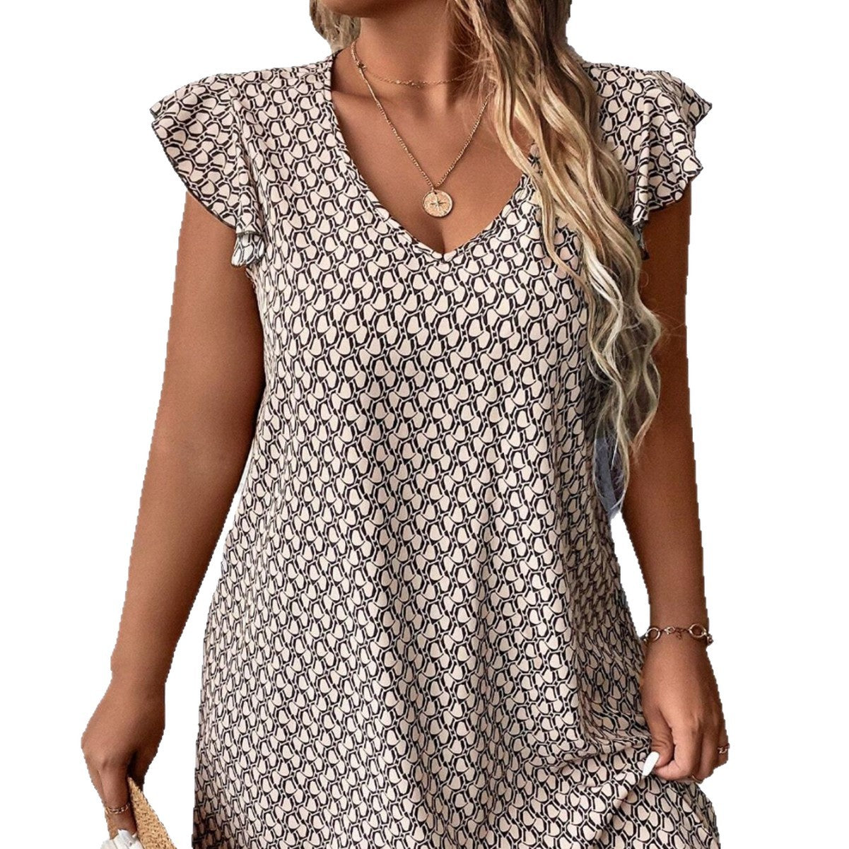 Damen lässiges Sommerkleid mit elegantem V-Ausschnitt und Rüschendetails R&B