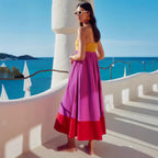 Damen Maxikleid mit farbenfrohem Blockdesign und verstellbaren Spaghettiträgern EB