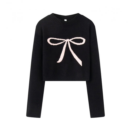 Damen Cropped Pullover mit verspieltem Schleifenmotiv R&B