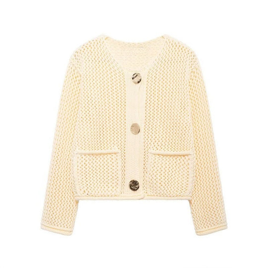 Damen luftige Strickjacke mit durchbrochenem Muster und praktischen Taschen R&B