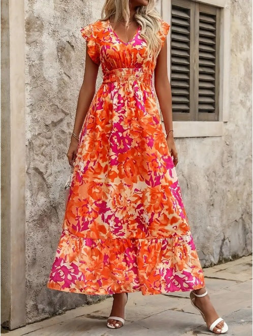 Damen Sommerliches Blumenmaxikleid mit Volantärmeln und elastischem Taillenbund R&B