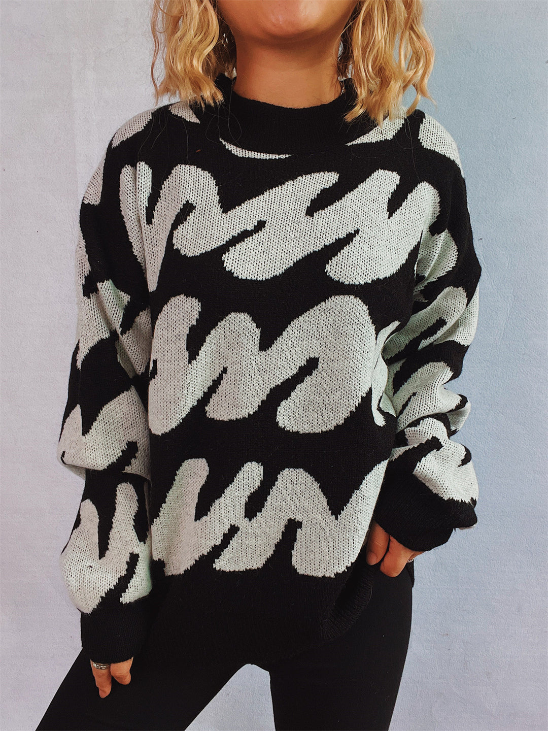 Damen lässiger Pullover mit modernem Farbblockdesign und voluminösen Ärmeln R&B