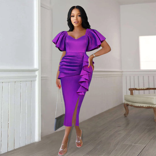 Damen Elegantes Maxikleid mit voluminösen Ärmeln und asymmetrischem Rüschen-Design R&B