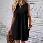 Damen lässiges T-Shirt Kleid mit Taschen und Rundhalsausschnitt R&B