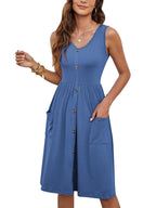 Damen Knielanges Sommerkleid mit Knopfdetails und praktischen Taschen R&B