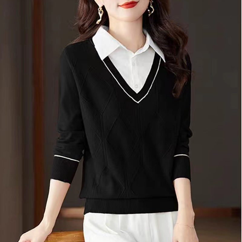 Damen gestrickter Pullover mit v-ausschnitt und strukturiertem Diamantmuster R&B