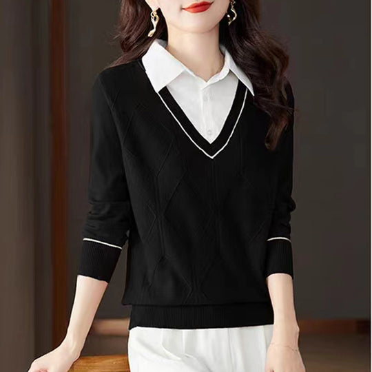 Damen gestrickter Pullover mit v-ausschnitt und strukturiertem Diamantmuster R&B