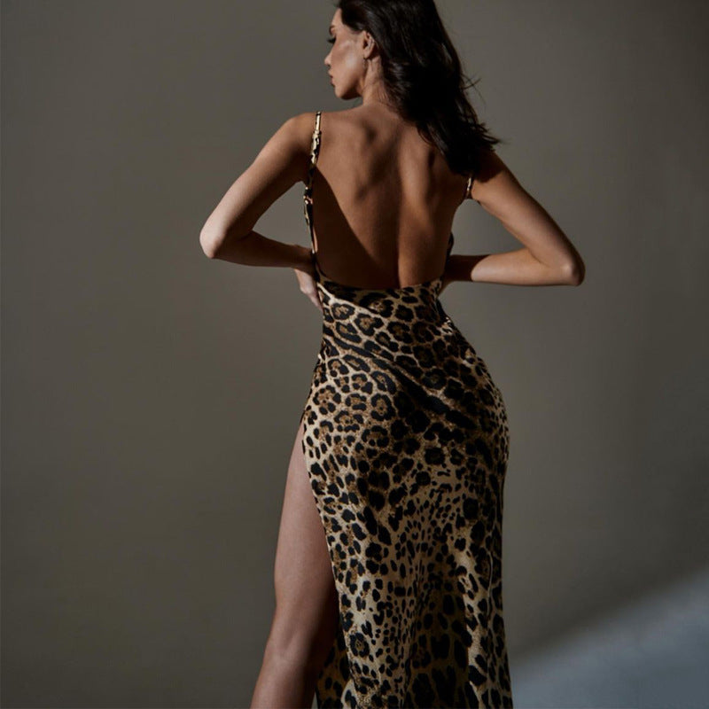 Damen Elegantes Maxikleid mit Leopardenmuster und sexy Schlitz R&B