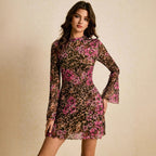 Damen nan figurbetontes Netz-Minikleid mit Leoparden- und Blumenprint, Stehkragen und Trompetenärmeln R&B