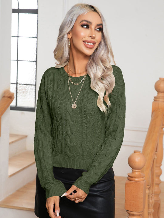 Damen Strickpullover mit Zopfmuster und elastischem Bund R&B