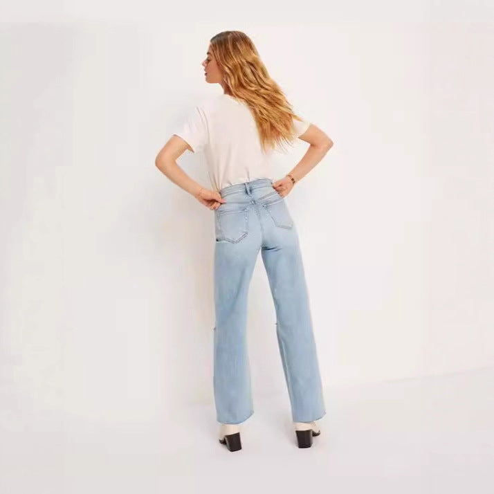 Damen Weite High-Waist Jeans mit Destroyed-Optik