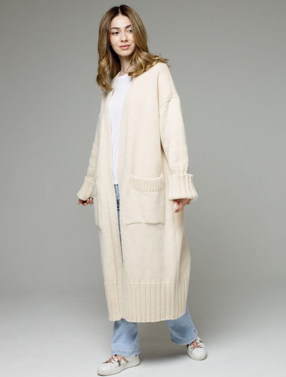 Damen bequemer langer Strickcardigan mit Taschen und breiten Ärmeln R&B