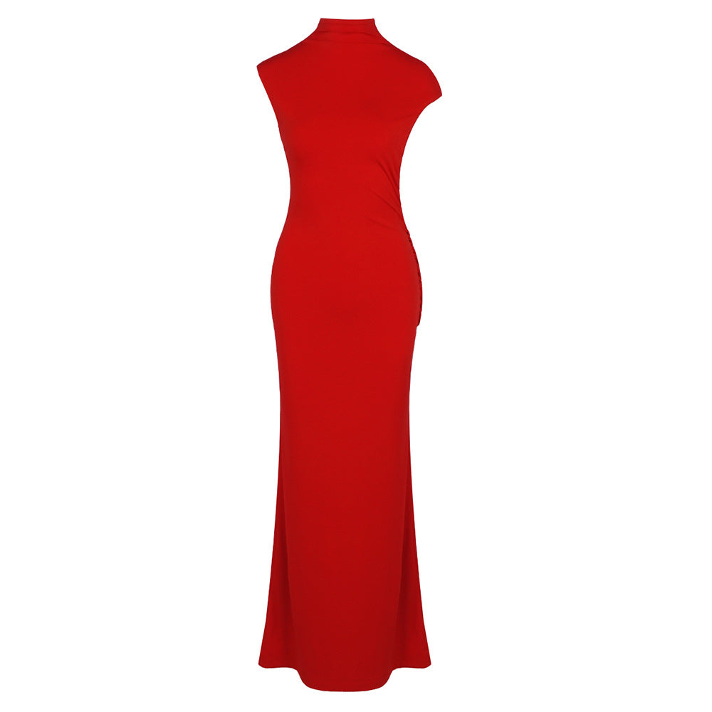 Damen stilvolles Maxikleid mit asymmetrischem Schnitt und hohem Stehkragen R&B