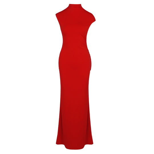 Damen stilvolles Maxikleid mit asymmetrischem Schnitt und hohem Stehkragen R&B