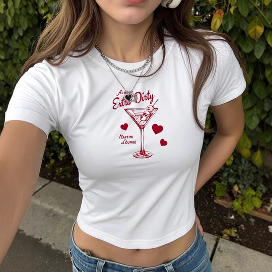Damen Crop-T-Shirt mit kreativem Cocktail-Print und figurbetontem Schnitt R&B