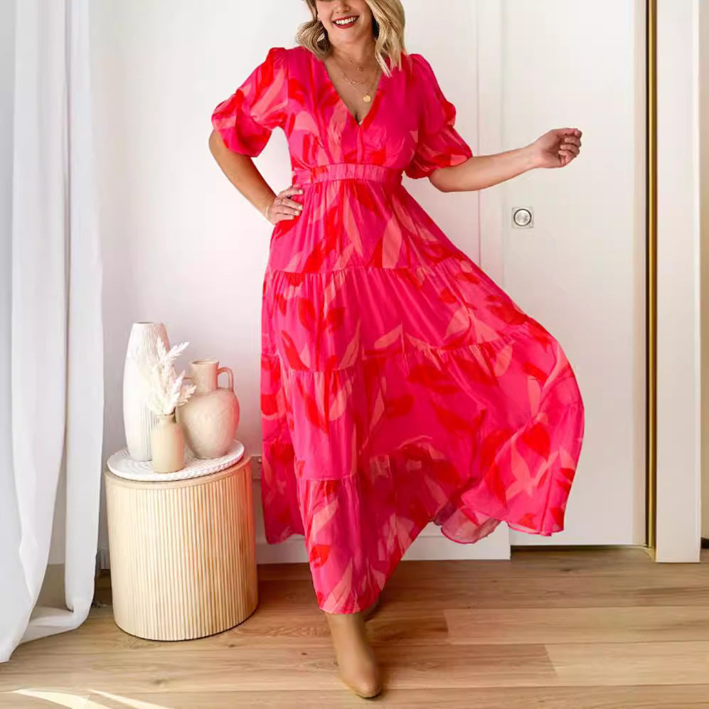 Damen nan ausgestelltes Maxikleid mit V-Ausschnitt, elastischer Unterbrustnaht und gestuftem Rock R&B