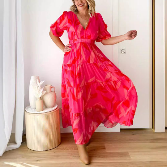 Damen nan ausgestelltes Maxikleid mit V-Ausschnitt, elastischer Unterbrustnaht und gestuftem Rock R&B