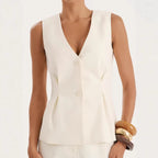 Damen elegante Bluse mit V-Ausschnitt und plissierten Details R&B