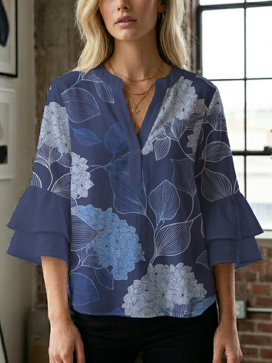 Damen Bluse mit voluminösen Ärmeln und floralem Design R&B