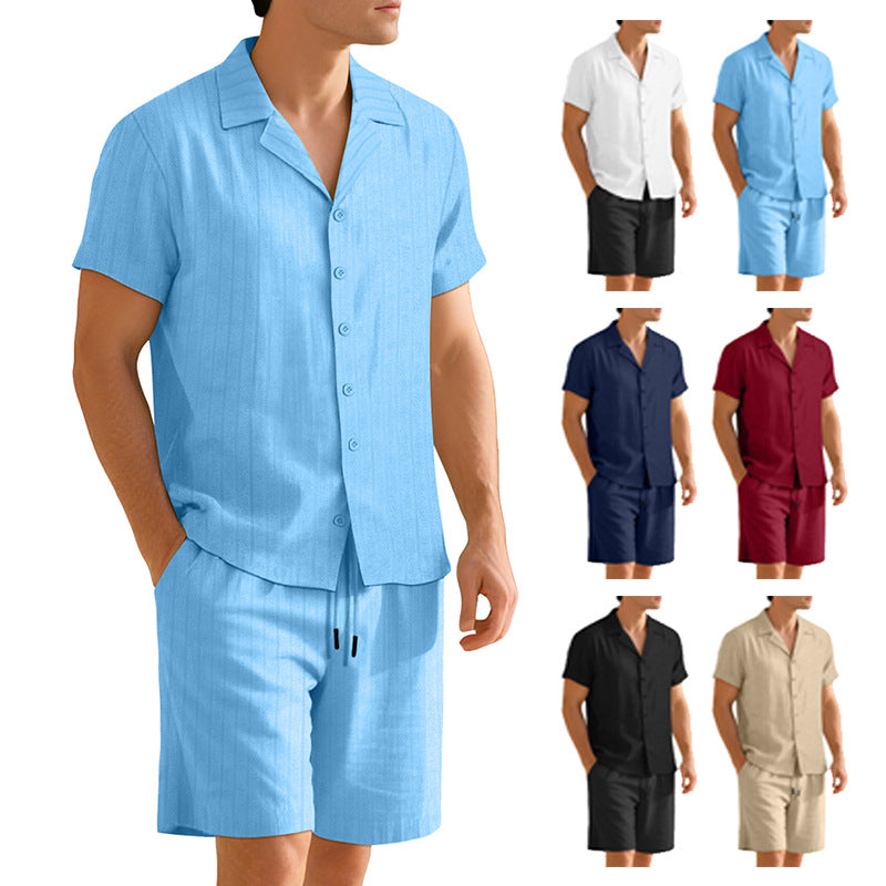 Herren nan Rippenstrick Lounge-Set mit Reverskragen Kurzarmhemd und Komfort-Bermuda R&B