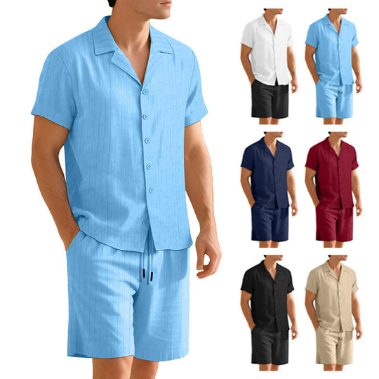 Herren nan Rippenstrick Lounge-Set mit Reverskragen Kurzarmhemd und Komfort-Bermuda R&B