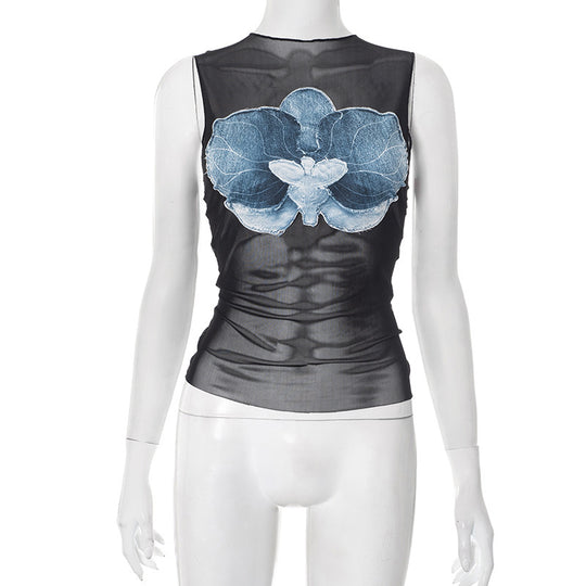 Damen Sexy Crop-Top mit transparentem Stoff und floralem Denim Design R&B