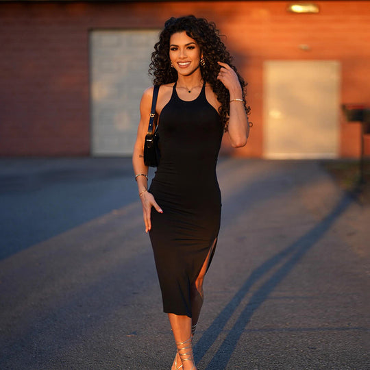 Damen figurbetontes Midikleid mit Schlitz und modernen Spaghettiträgern R&B